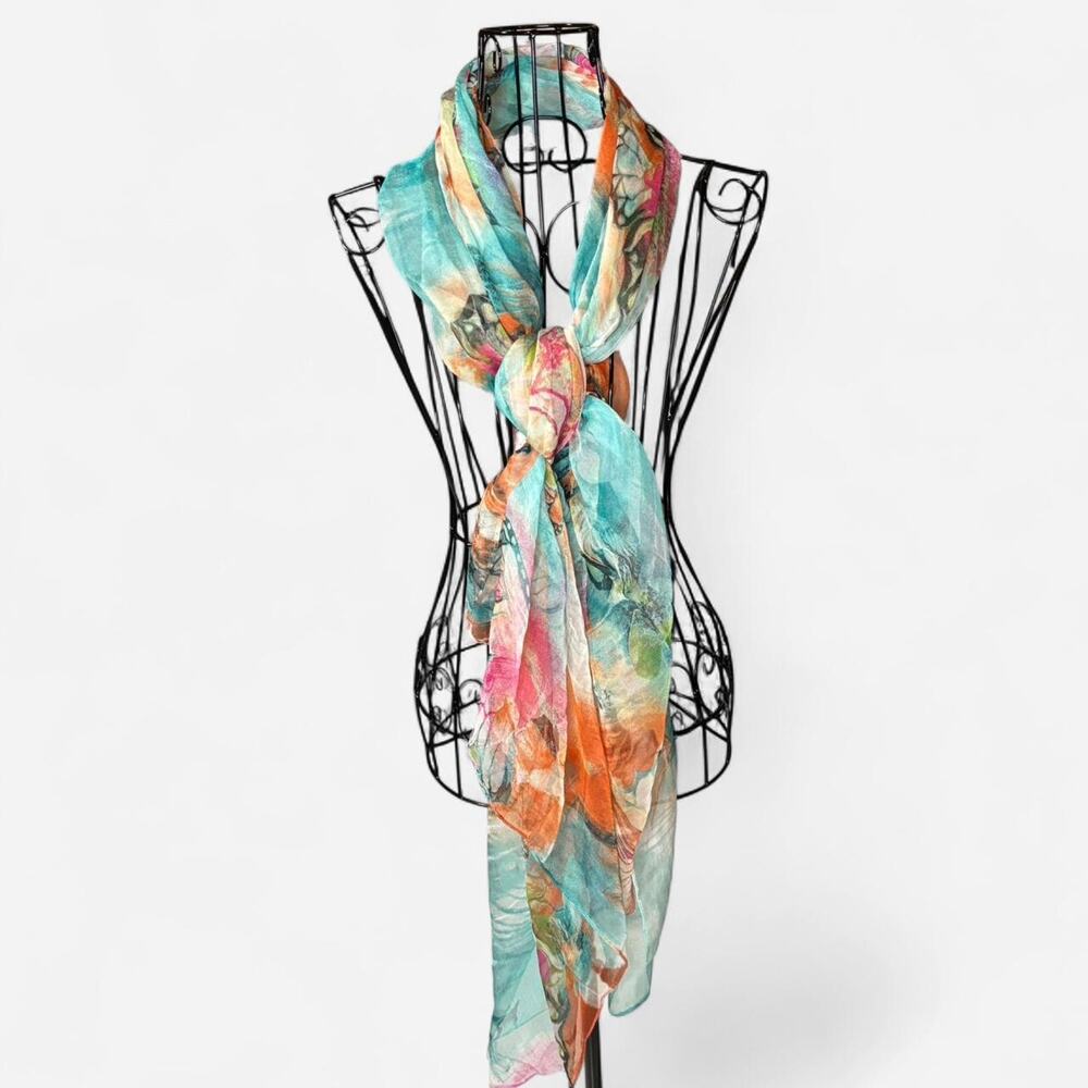 Story of Shanghai 100% Silk Butterfly Scarf NWT Vibrant Teal Orange Pink
